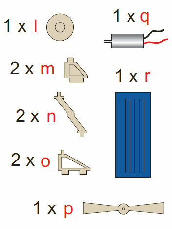 les petits elements du kit en bois roue et renforts divers et moteur electrique avec cellule solaire photovoltaique