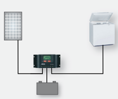 schema d'une installation avec montage solaire pour alimentation electrique du refrigerateur congelateur STECA PF166
